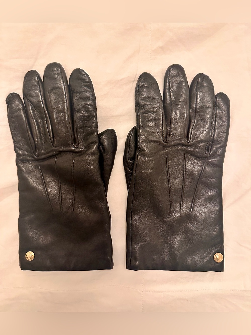 COACH Women's Black Leather Gloves with Gold Accent, Lined